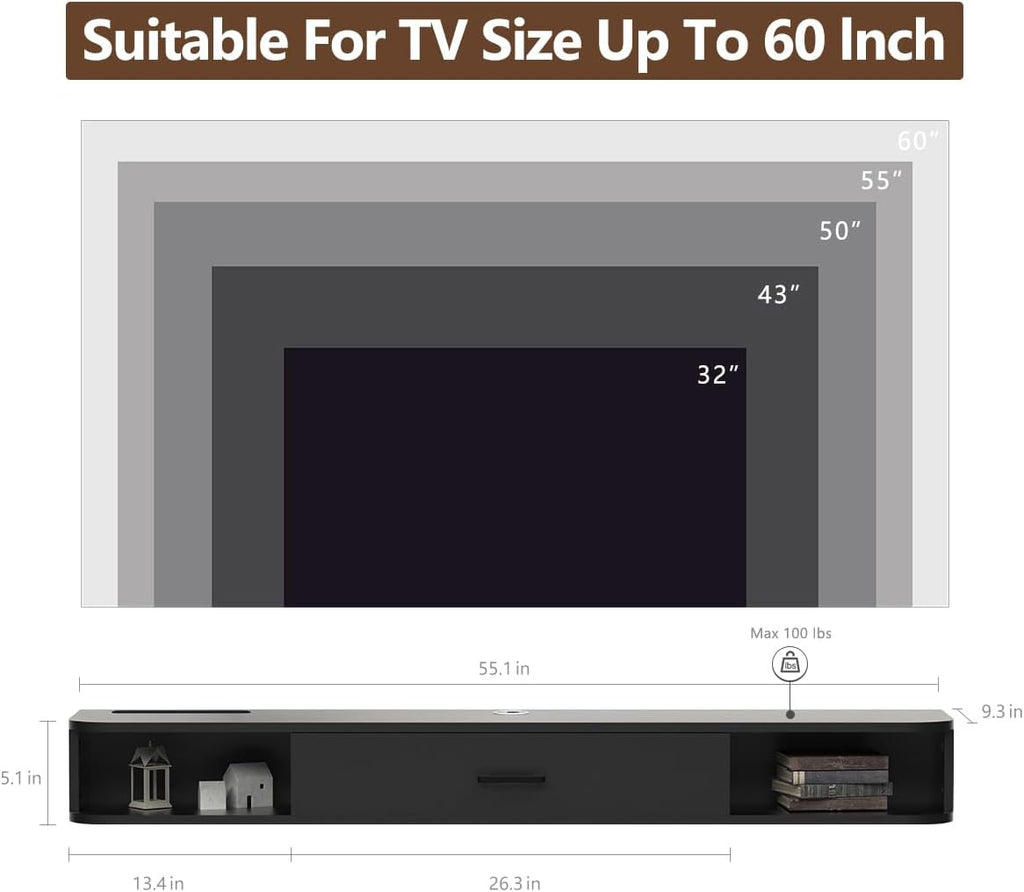 Black 65 Inch Floating TV Cabinet