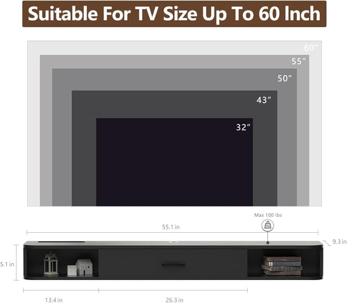 Black 65 Inch Floating TV Cabinet