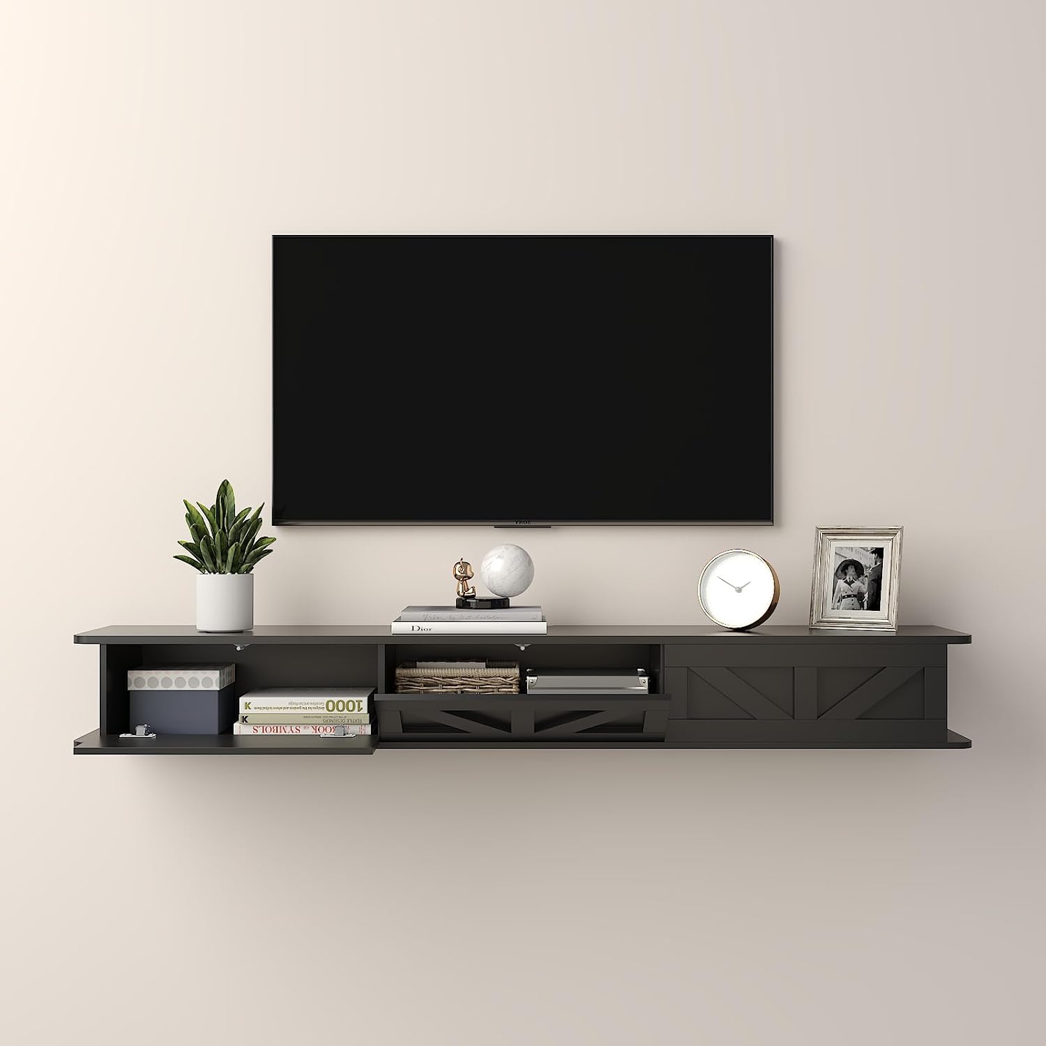 Black Floating TV Console with Drawers