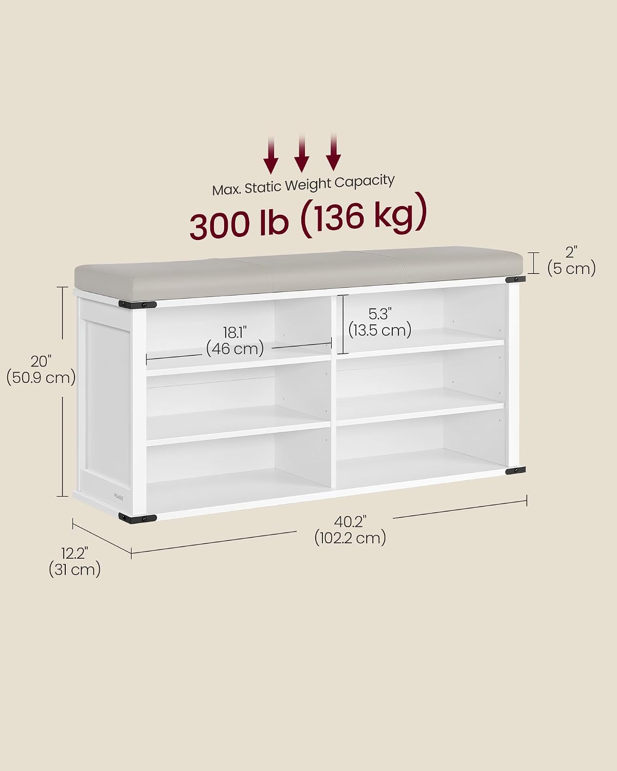 White Cushioned 6-Grid Shoe Bench