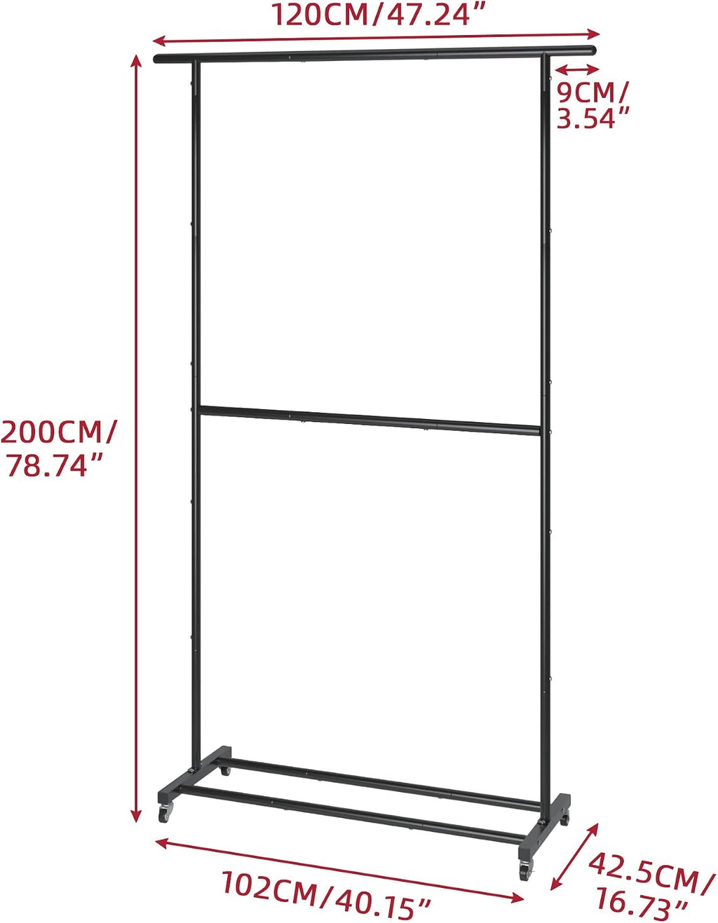 Black Rolling Double Rod Garment Rack