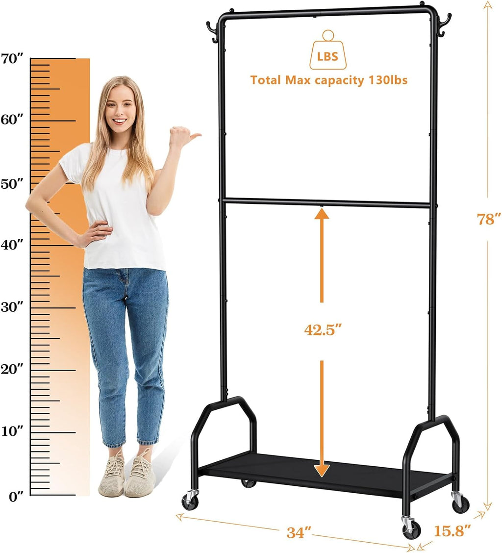 Rolling Double Rod Clothes Rack with Bottom Shelf