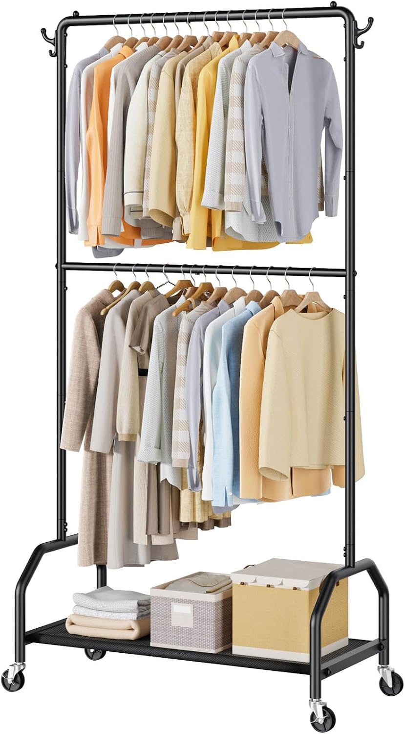 Rolling Double Rod Clothes Rack with Bottom Shelf