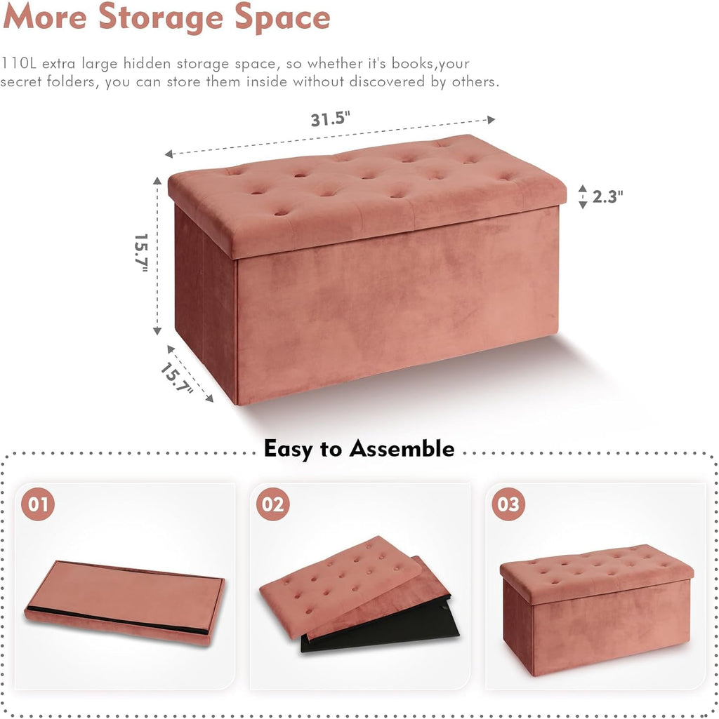 Red Velvet Storage Ottoman Bench