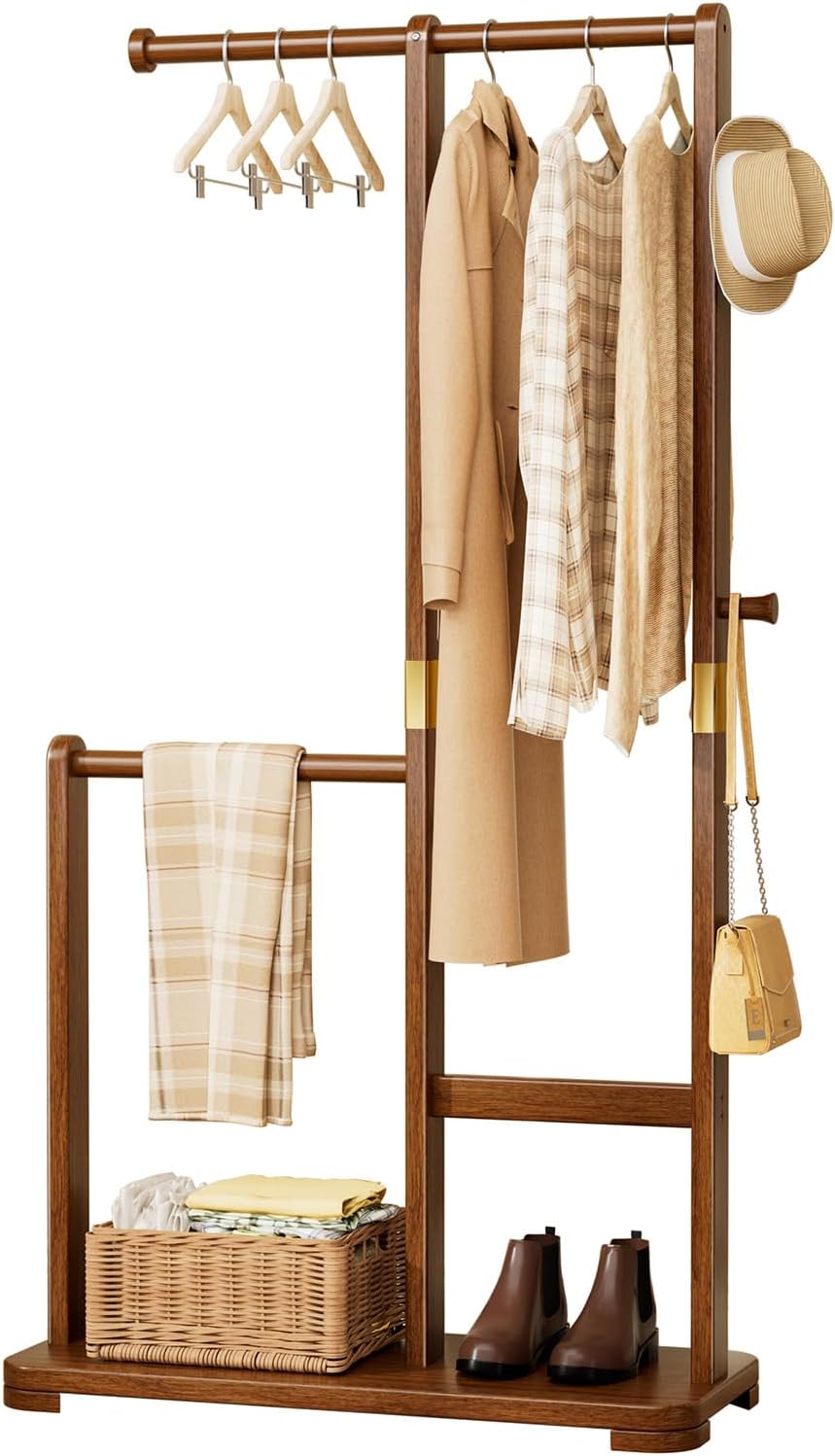 Solid Wood Double Rod Freestanding Coat Rack