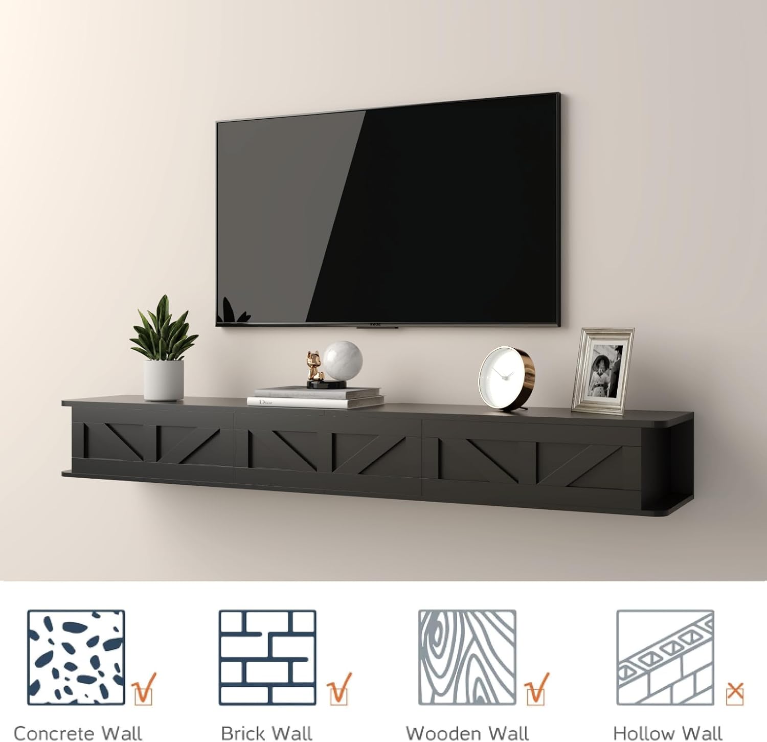 Black Floating TV Console with Drawers