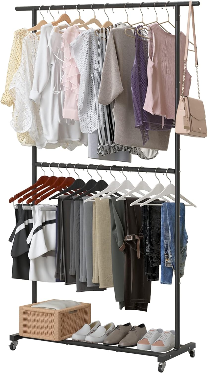 Black Rolling Double Rod Garment Rack