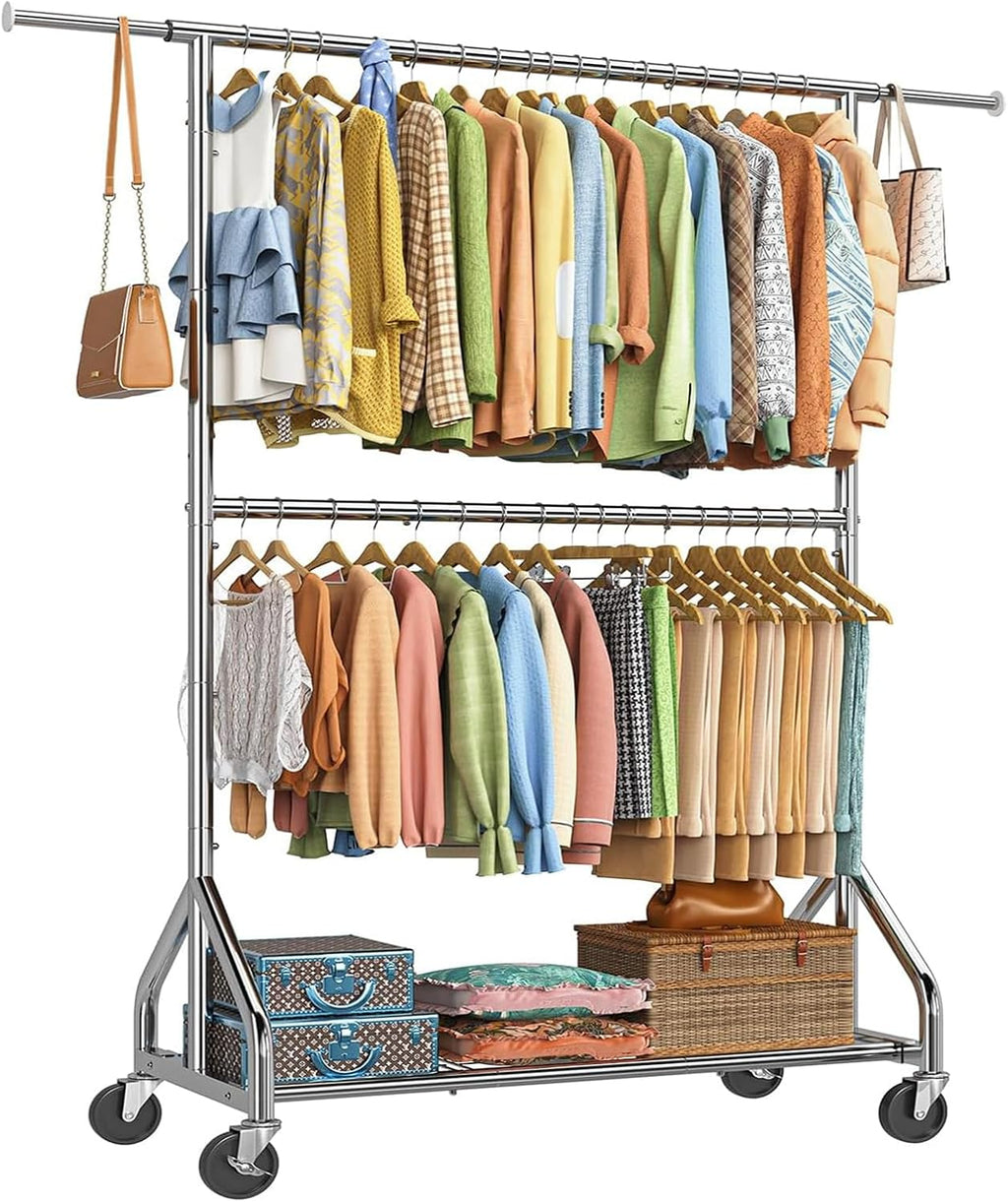 Chrome Rolling Double Rod Clothes Rack