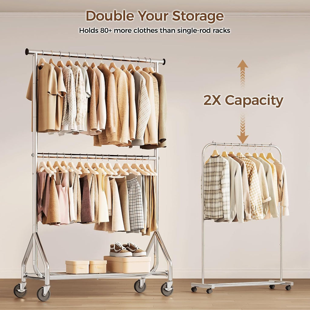 Silver Double Rod Rolling Clothes Rack