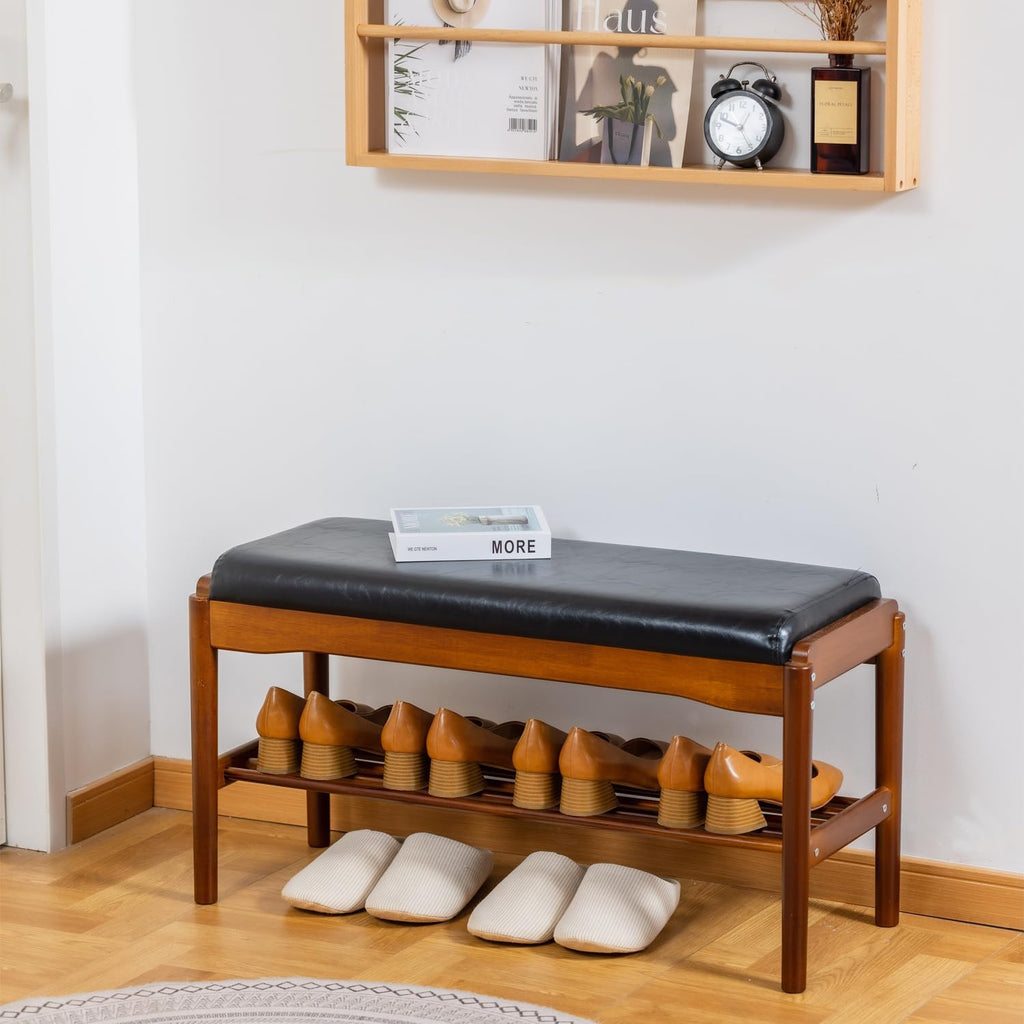 Black Cushioned Rubberwood Shoe Bench