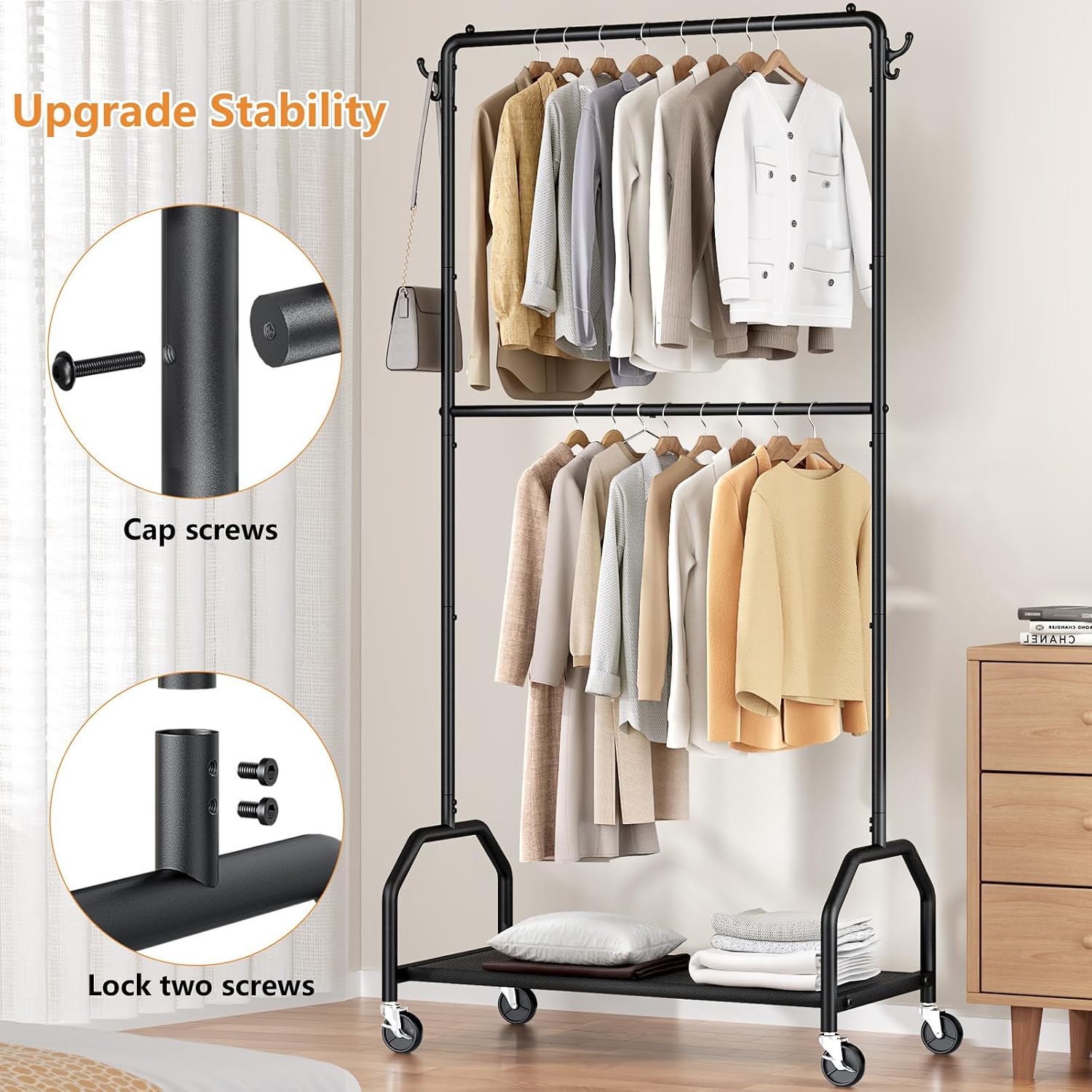 Rolling Double Rod Clothes Rack with Bottom Shelf