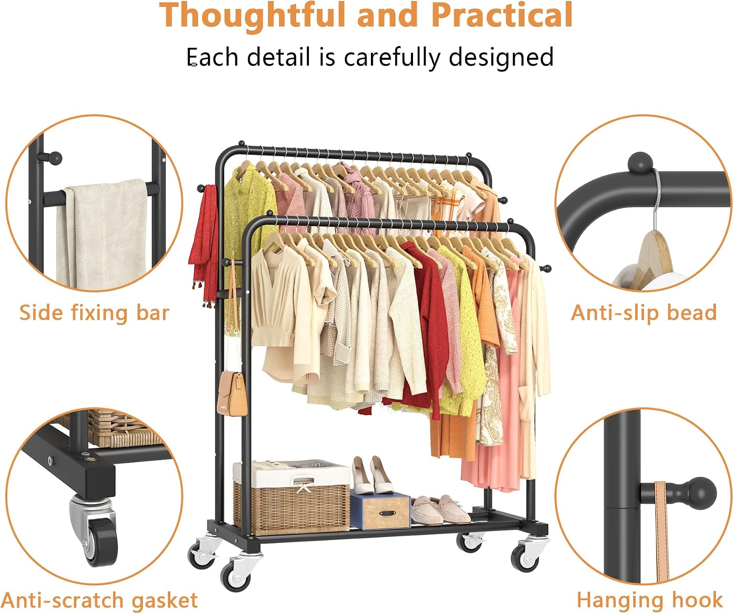 Black Double Rod Rolling Garment Rack