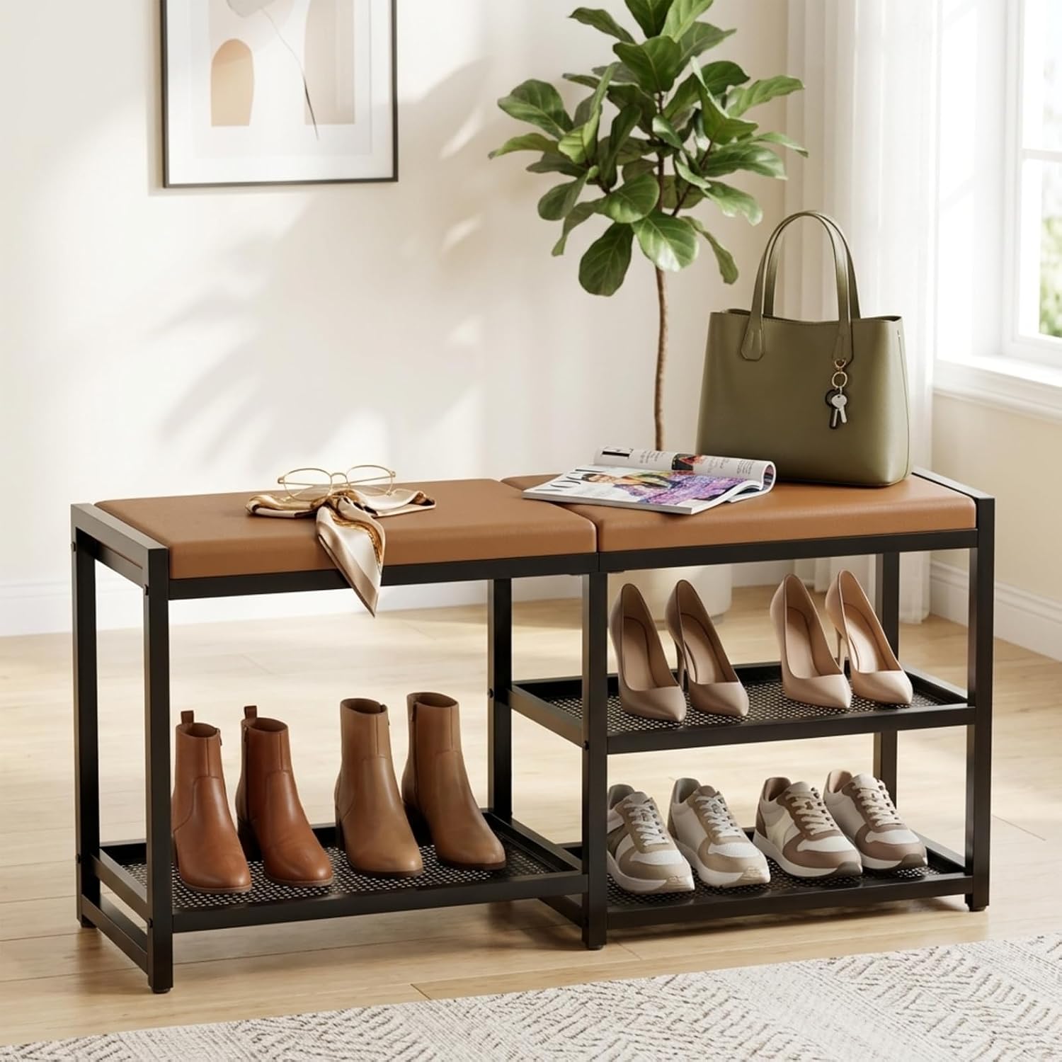 Iron 3-Tier Cushioned Shoe Bench
