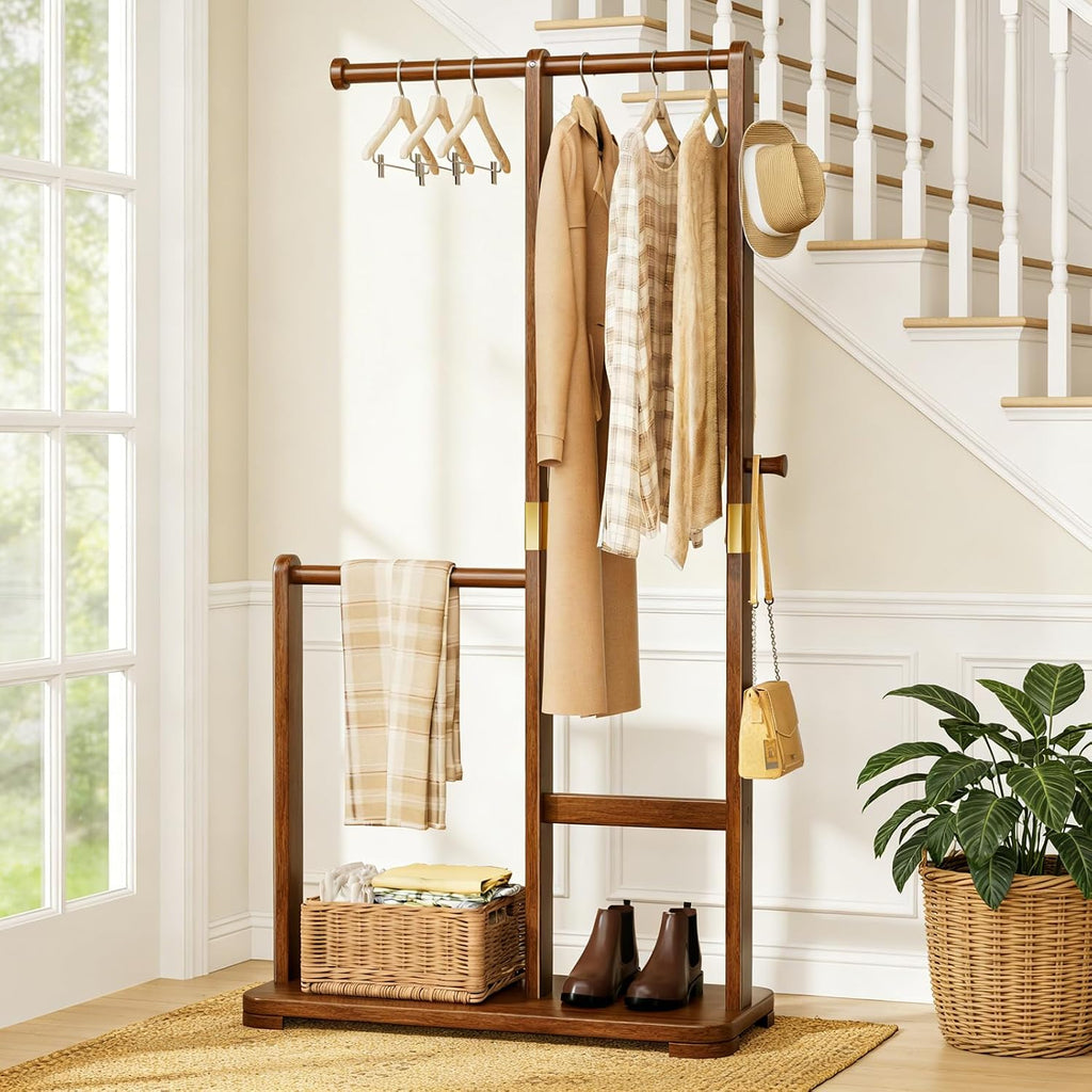 Solid Wood Double Rod Freestanding Coat Rack