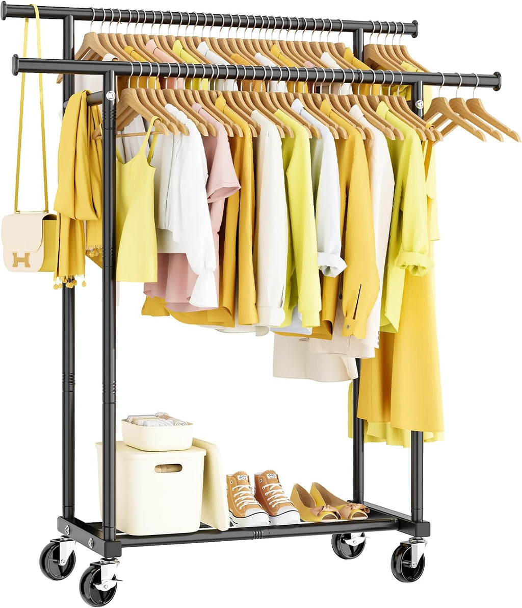 Black Rolling Double Rod Garment Rack