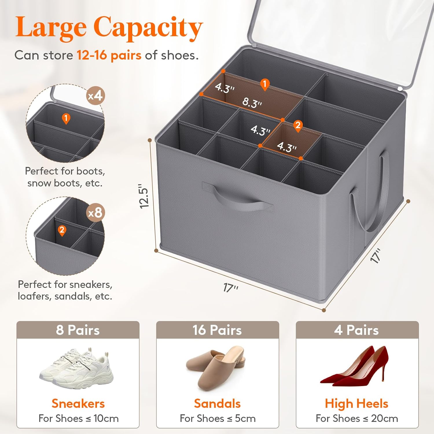 Gray 3 Pack Fabric Shoe Storage Bins