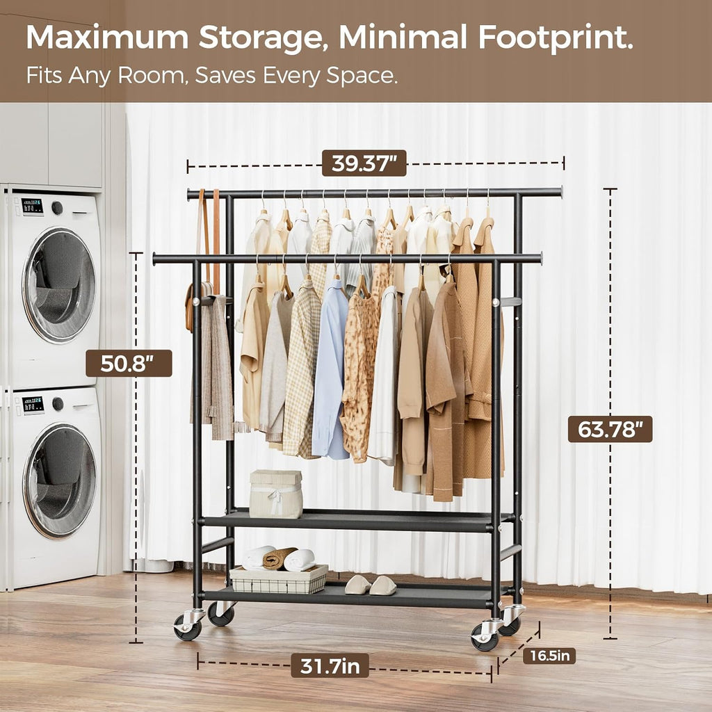Double Rod Rolling Clothes Rack with 2-Tier Storage Shelves