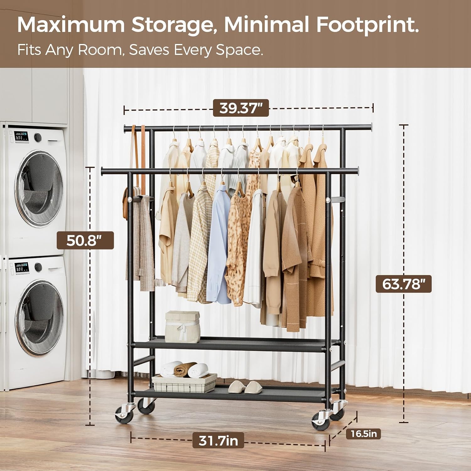 Double Rod Rolling Clothes Rack with 2-Tier Storage Shelves