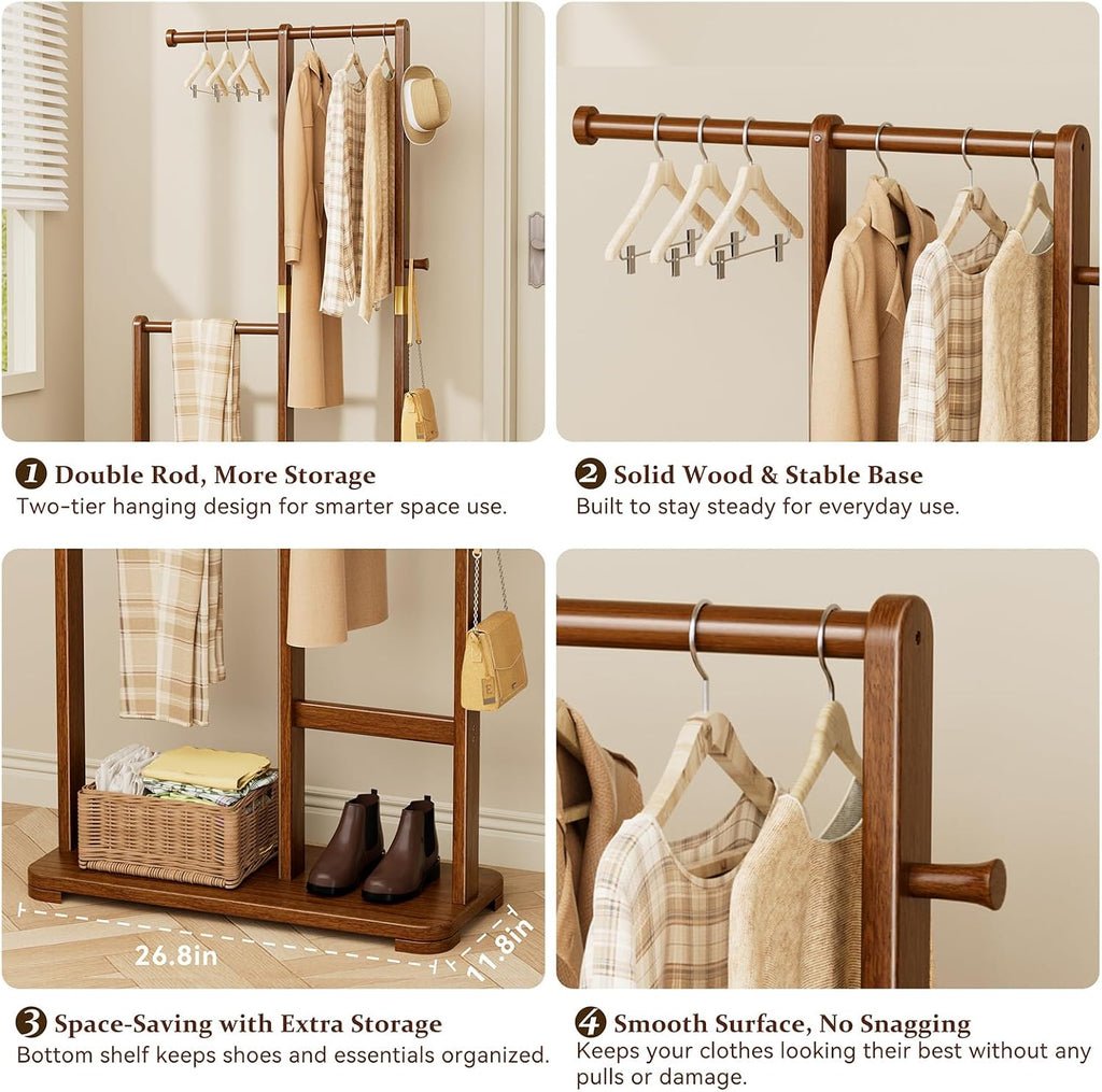 Solid Wood Double Rod Freestanding Coat Rack