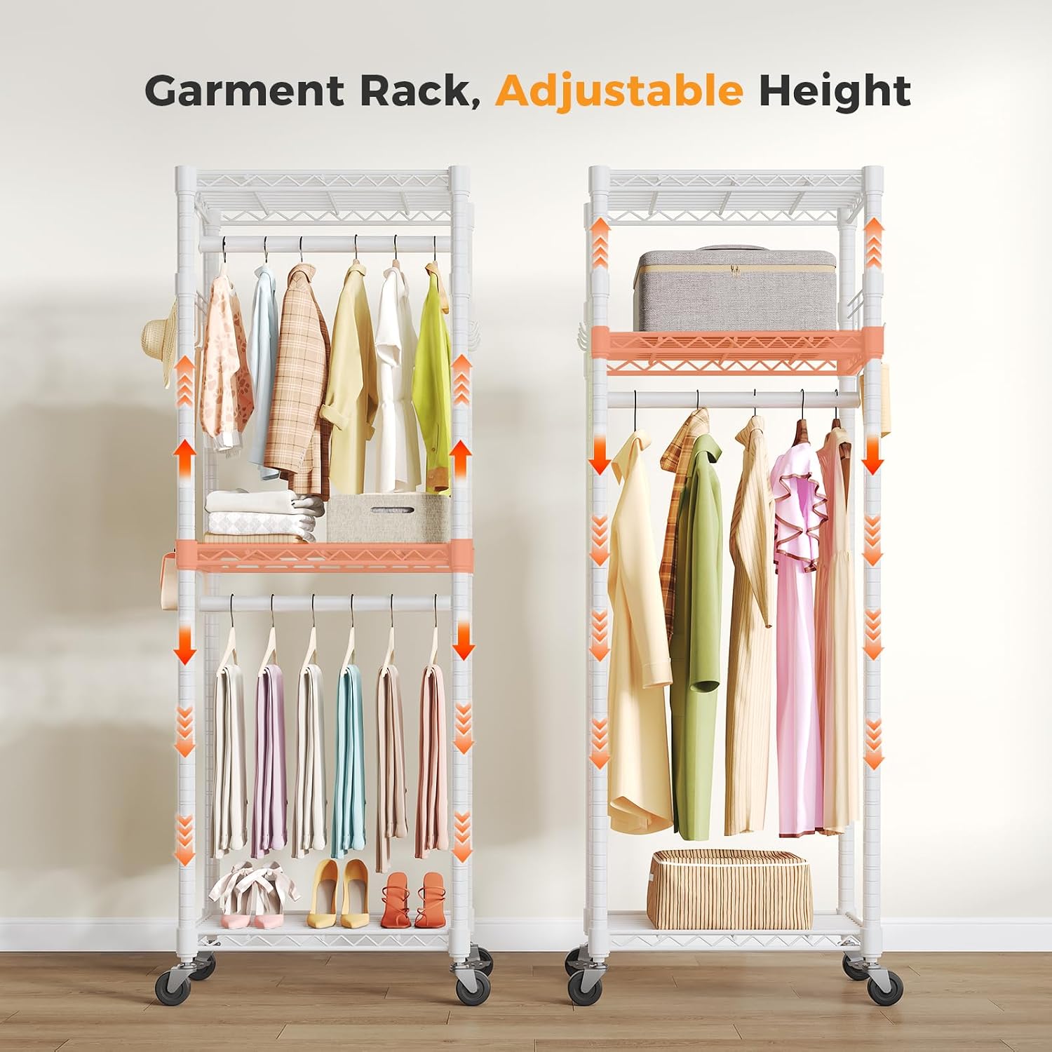 White Rolling Double Rod Clothes Rack