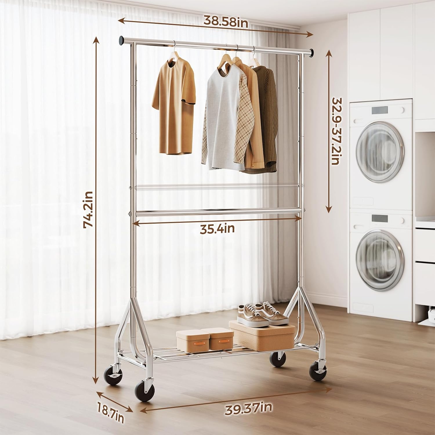 Silver Double Rod Rolling Clothes Rack