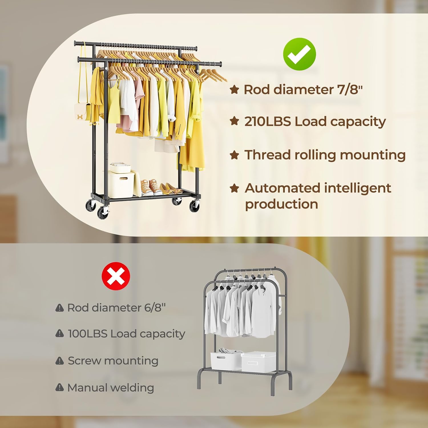 Black Rolling Double Rod Garment Rack