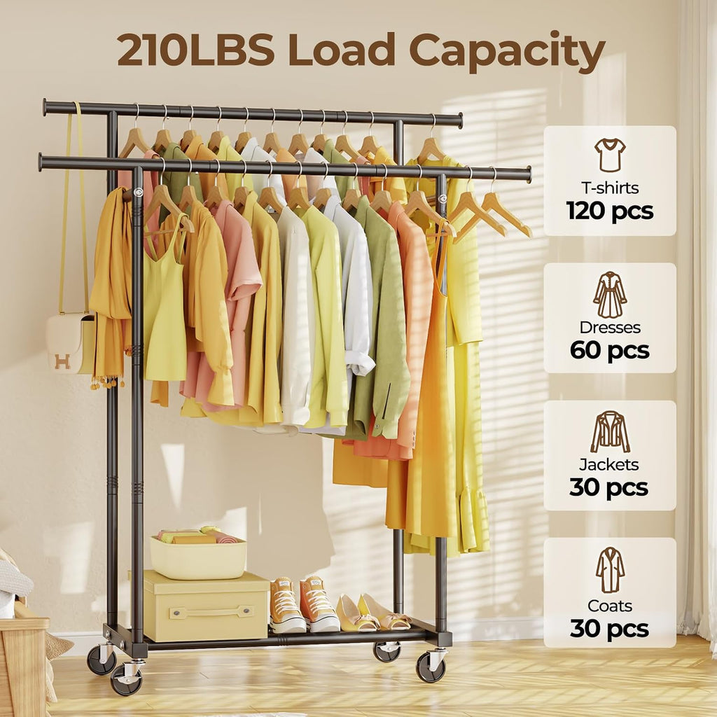 Black Rolling Double Rod Garment Rack