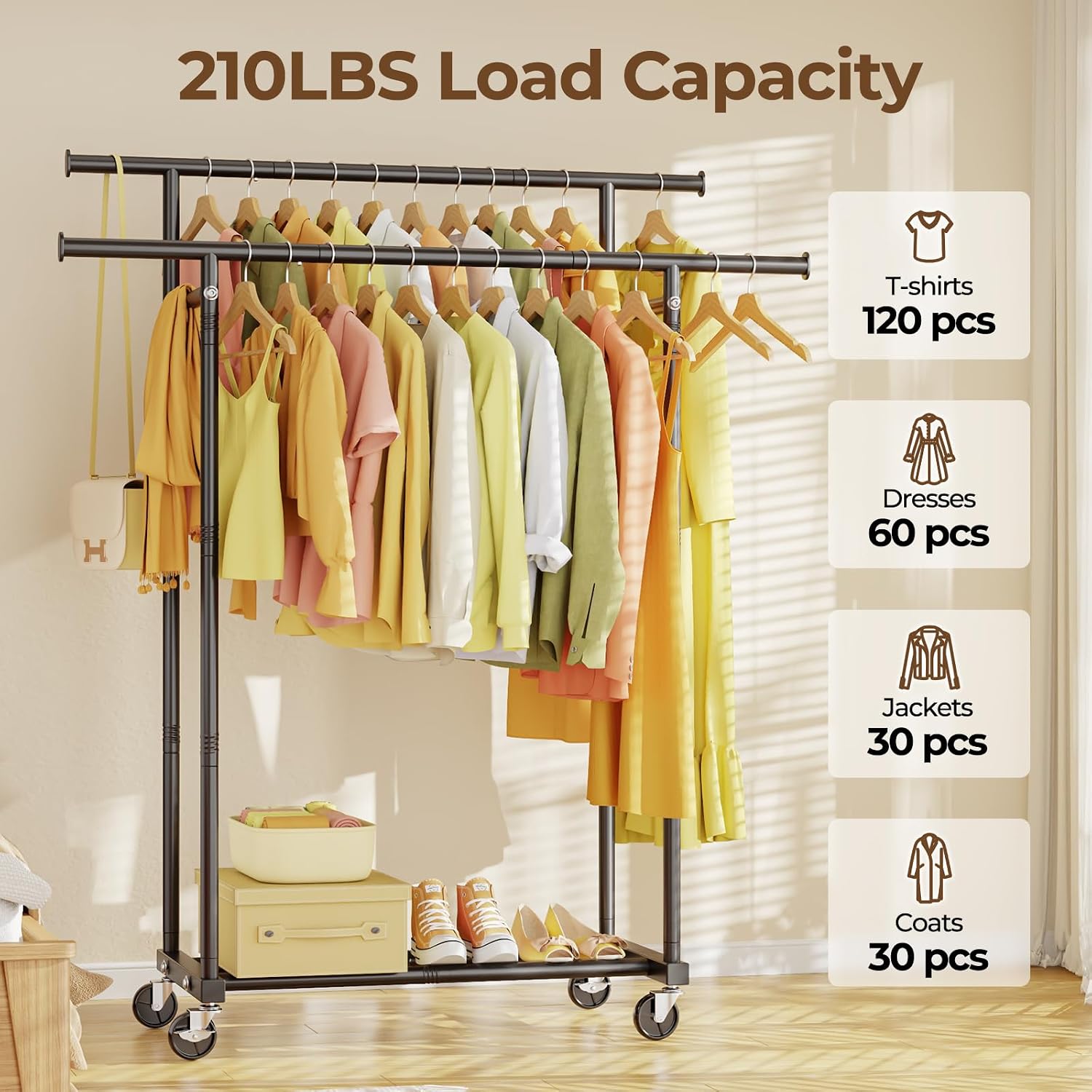 Black Rolling Double Rod Garment Rack