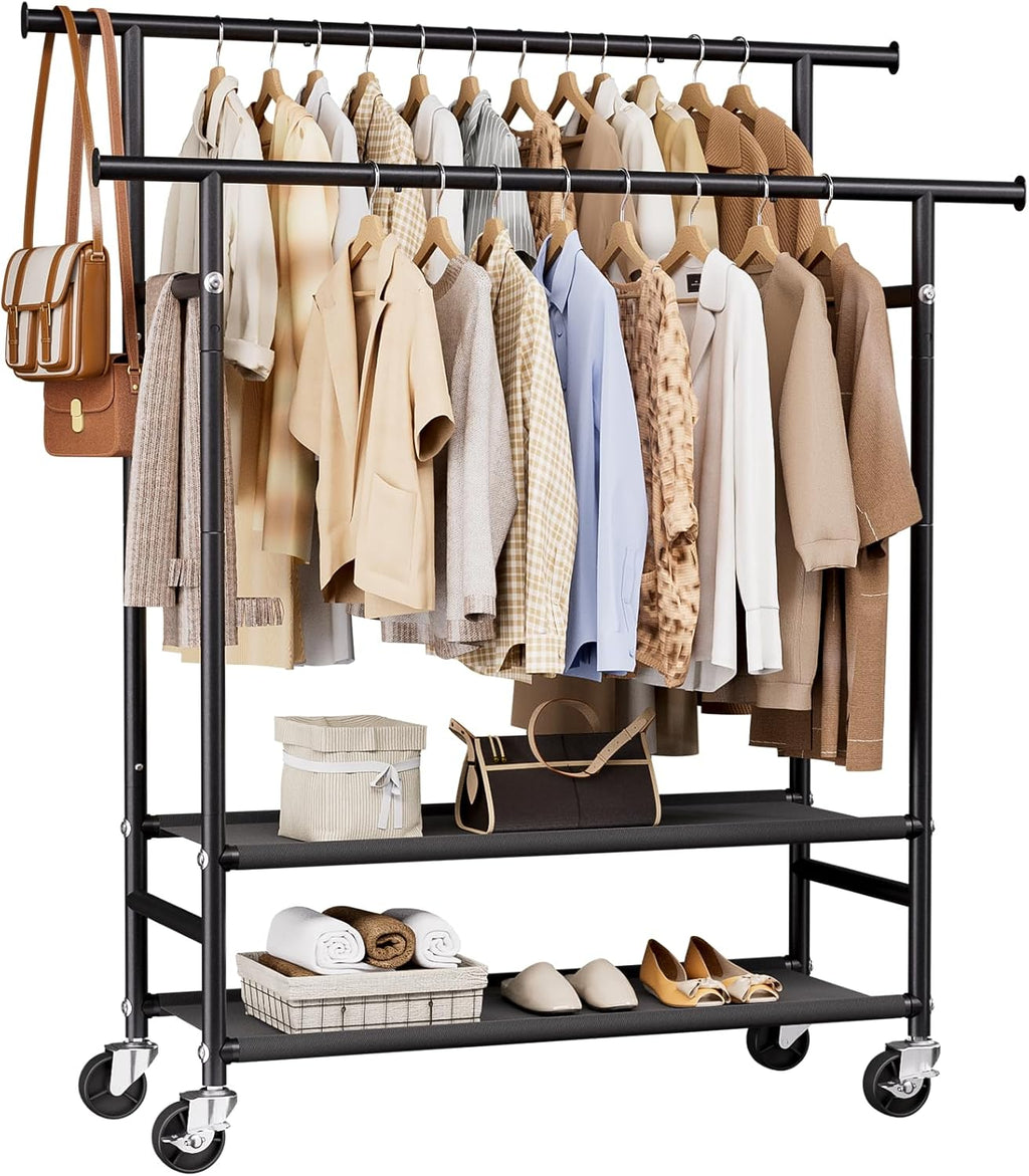 Double Rod Rolling Clothes Rack with 2-Tier Storage Shelves