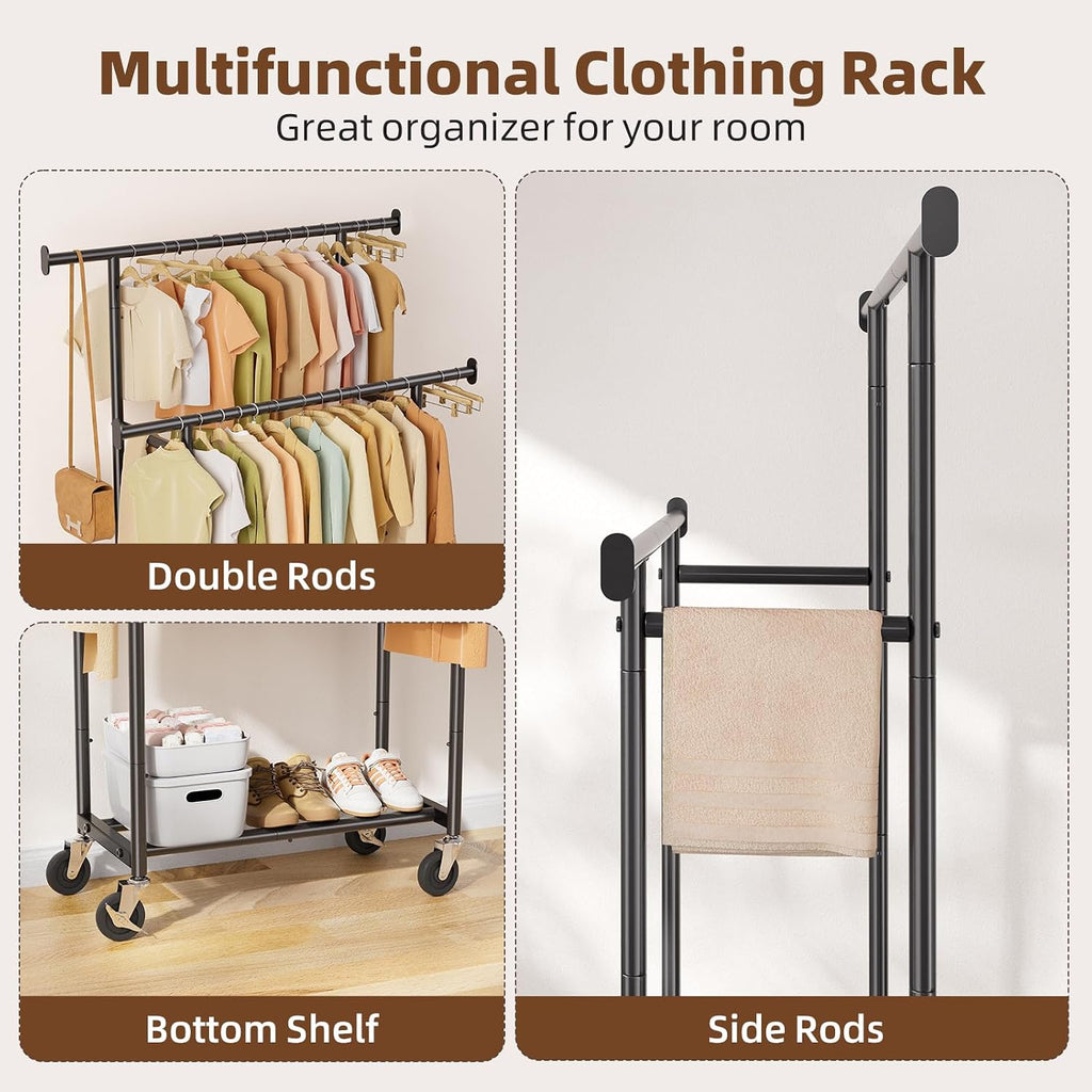 Black Double Rod Rolling Clothing Rack