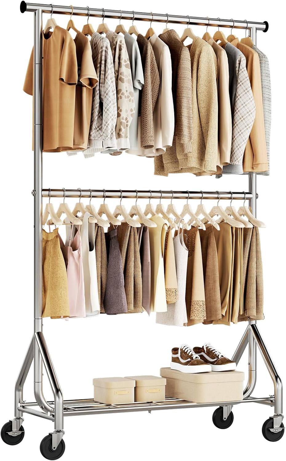 Silver Double Rod Rolling Clothes Rack