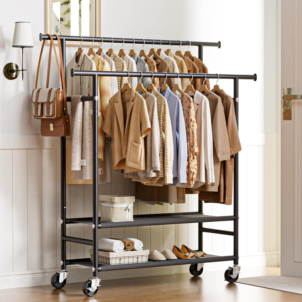 Double Rod Rolling Clothes Rack with 2-Tier Storage Shelves