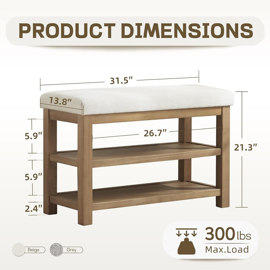 Beige Wood Cushioned 2-Tier Shoe Bench