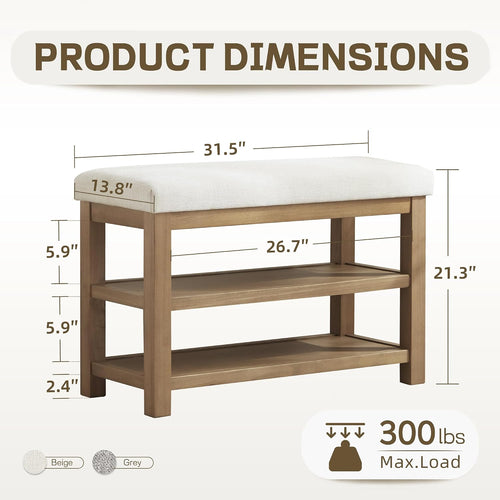 Beige Wood Cushioned 2-Tier Shoe Bench
