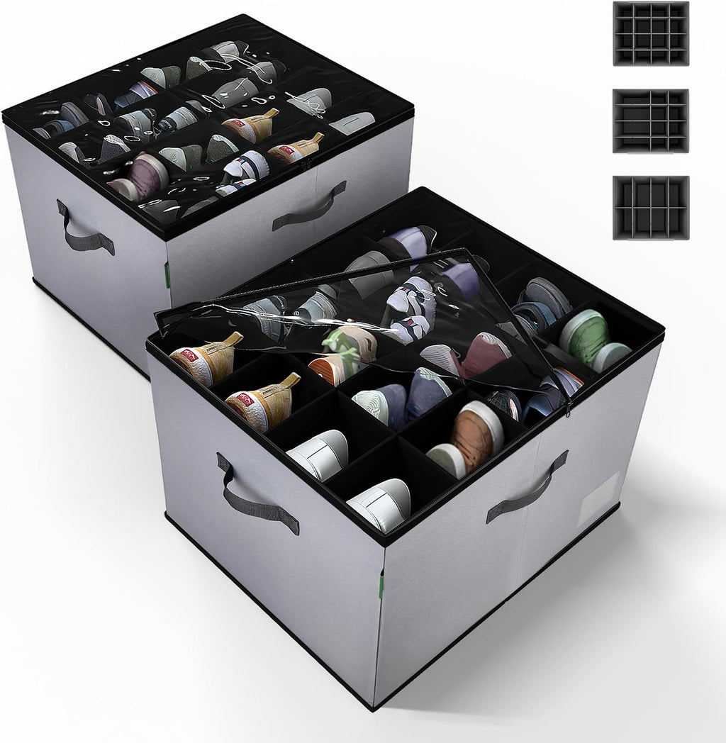 Gray Foldable Fabric Shoe Storage Boxes 2 Pack