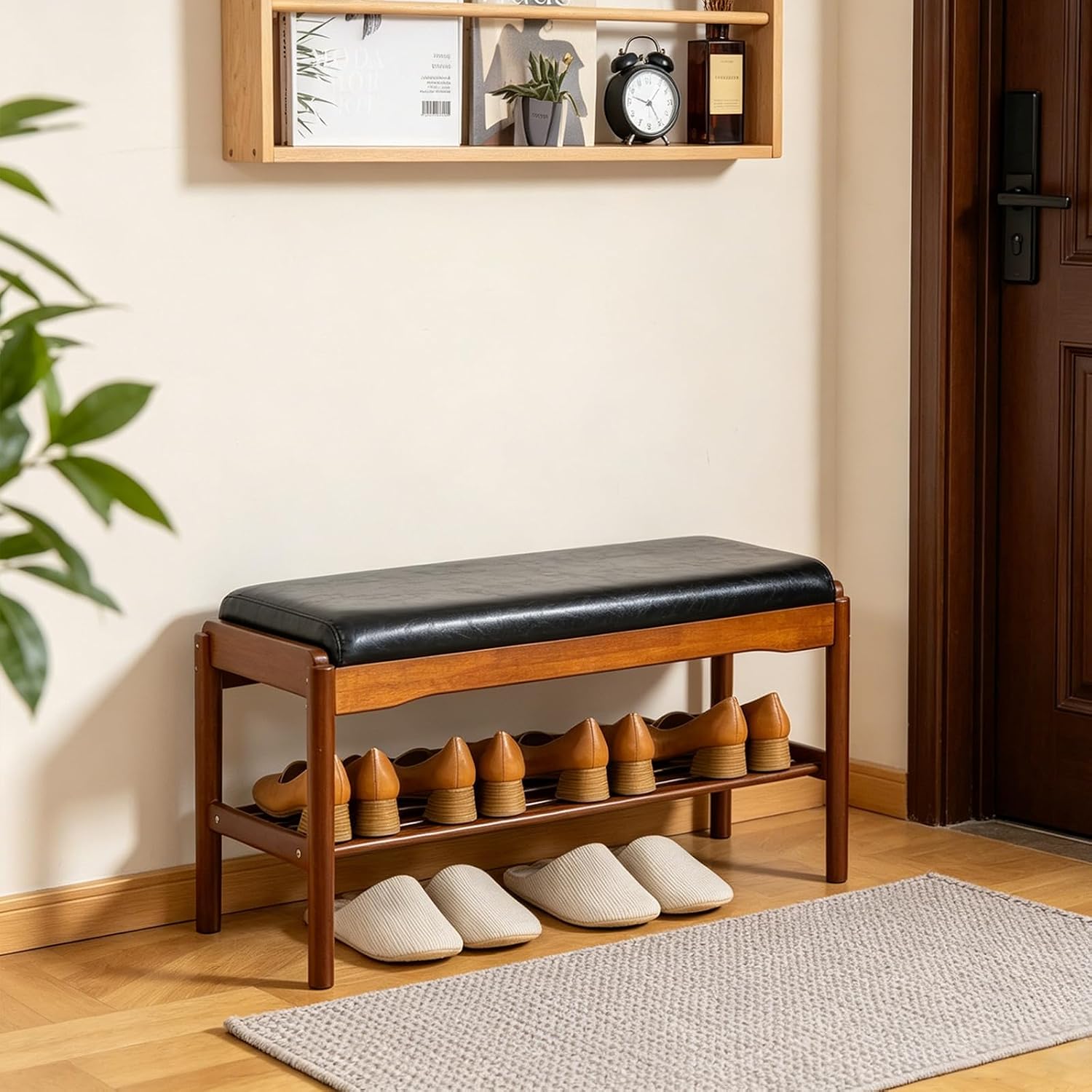 Black Cushioned Rubberwood Shoe Bench