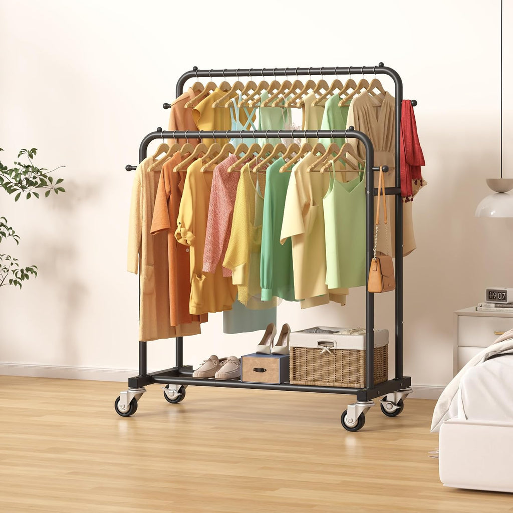 Black Double Rod Rolling Garment Rack
