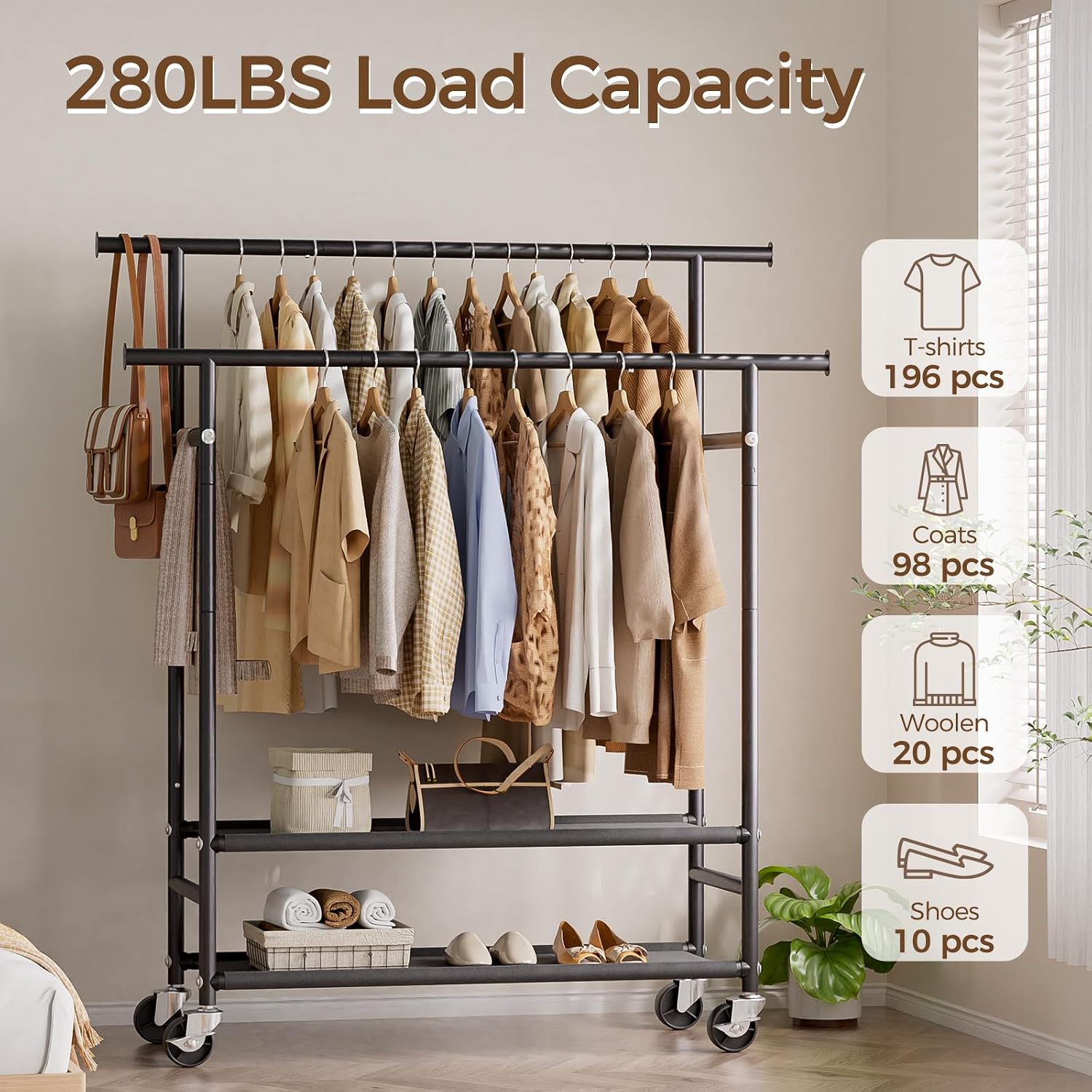 Double Rod Rolling Clothes Rack with 2-Tier Storage Shelves