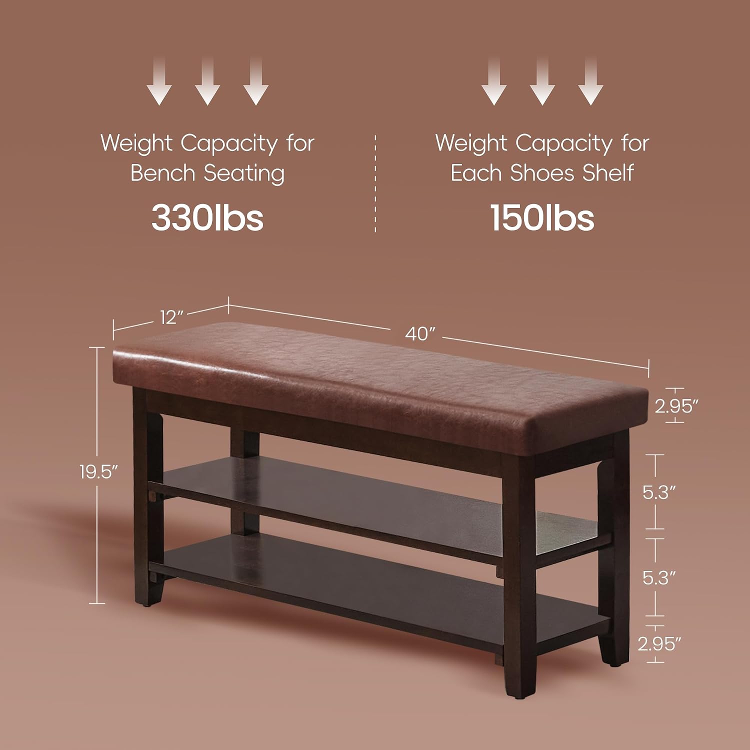Brown Leather Cushion 2-Tier Shoe Bench