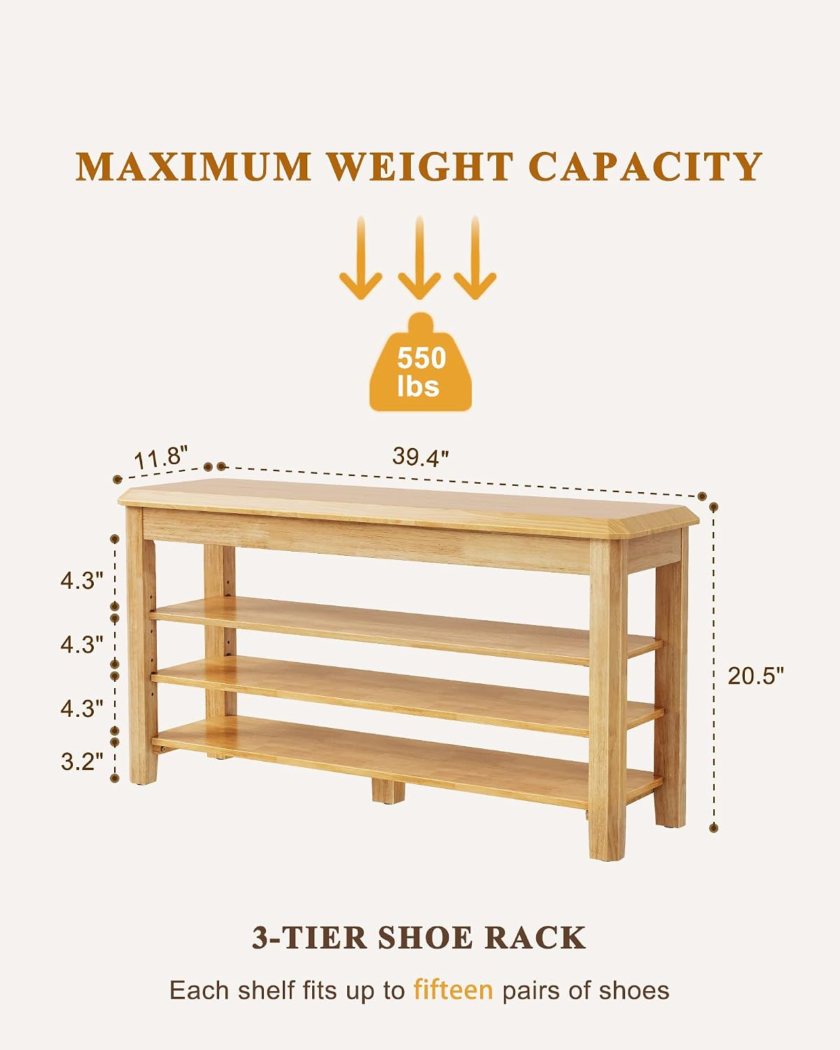 Wood Cushioned 3-Tier Shoe Bench