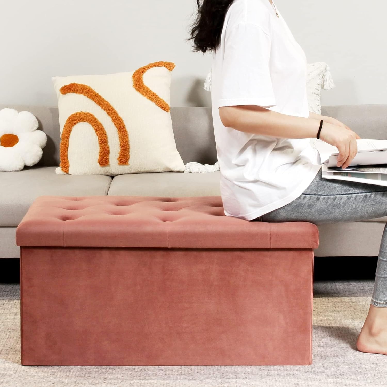 Red Velvet Storage Ottoman Bench