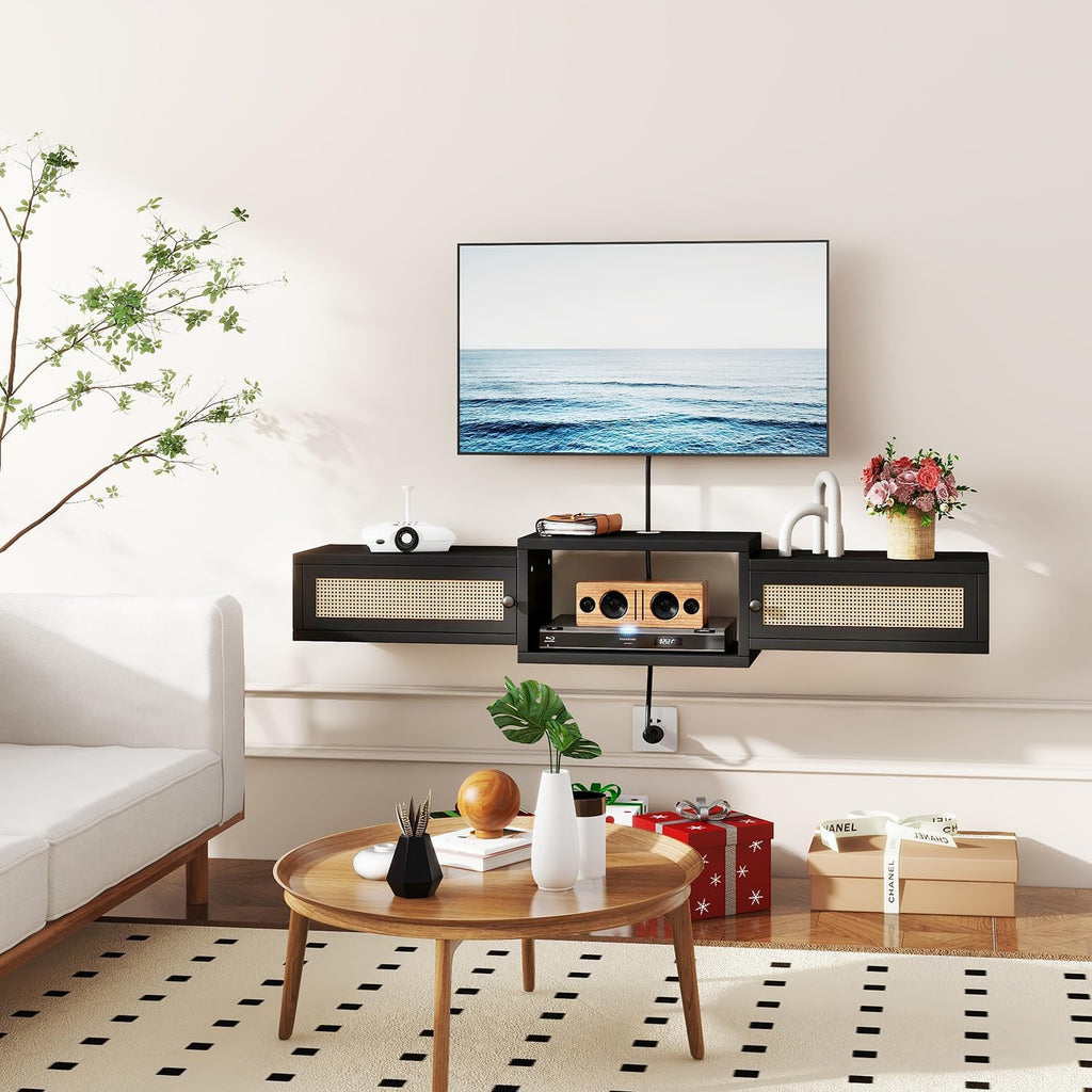 Black Rattan Floating TV Stand UWST012B