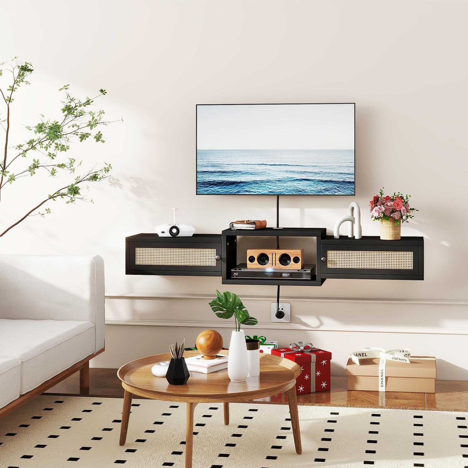 Black Rattan Floating TV Stand UWST012B