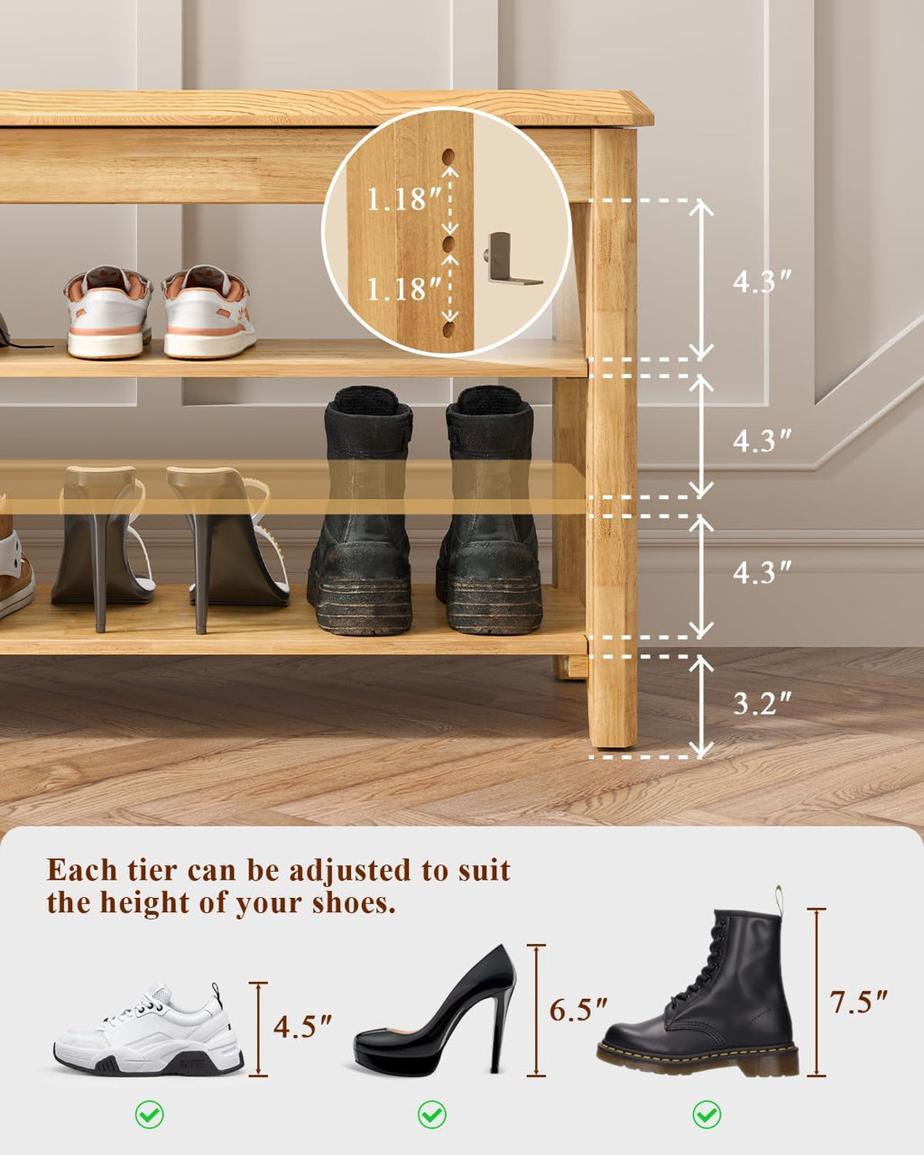 Wood Cushioned 3-Tier Shoe Bench
