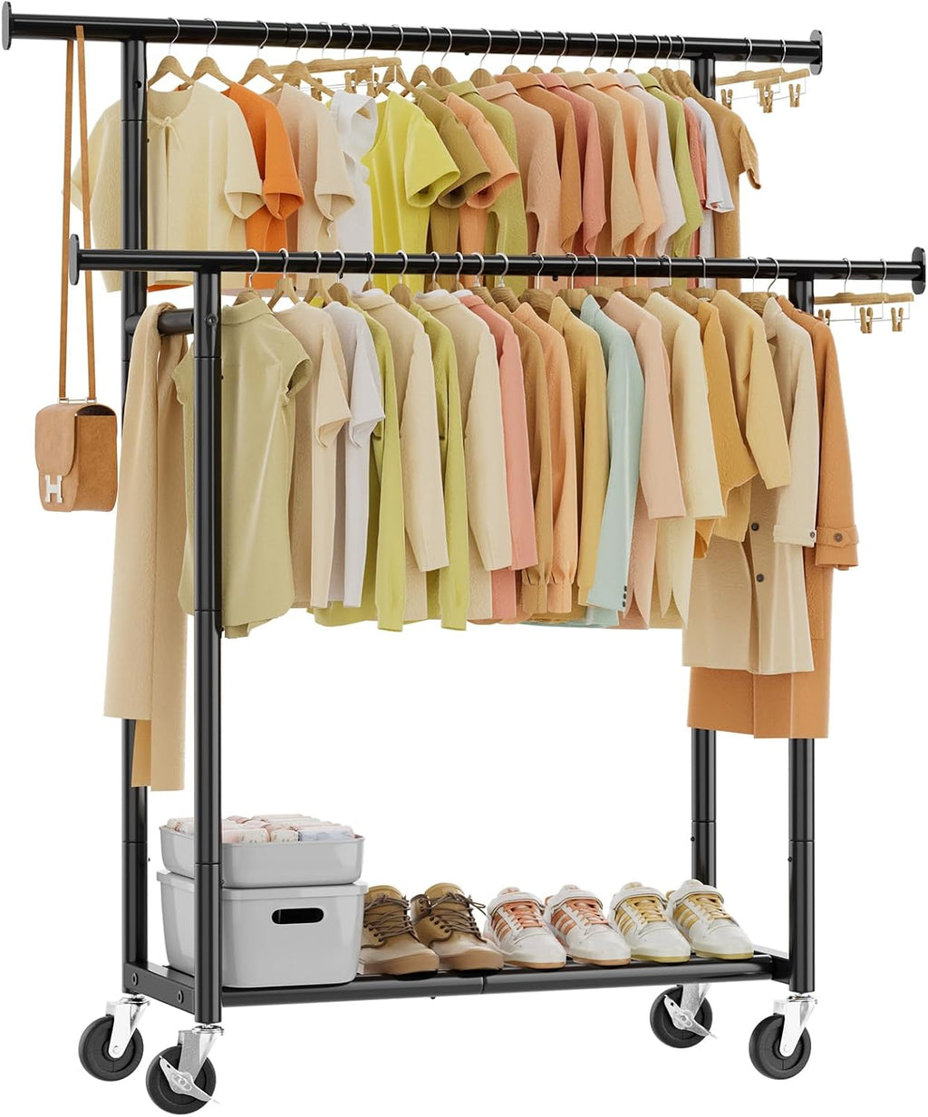 Black Double Rod Rolling Clothing Rack