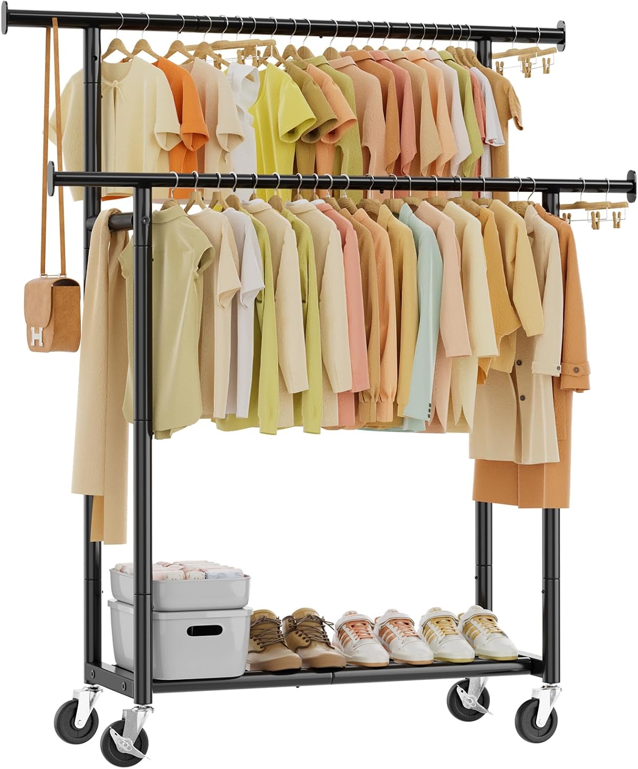 Black Double Rod Rolling Clothing Rack