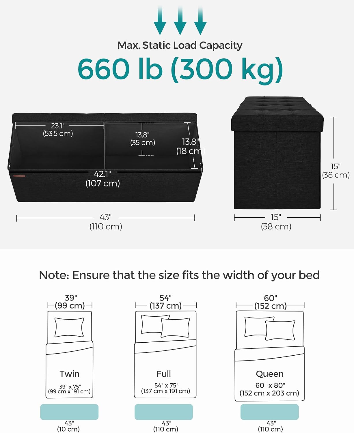 Black 43 Inch Storage Ottoman Bench