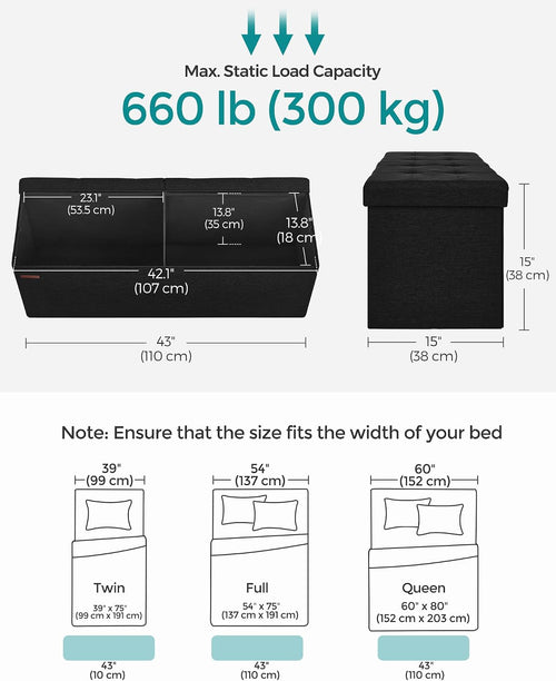 Black 43 Inch Storage Ottoman Bench