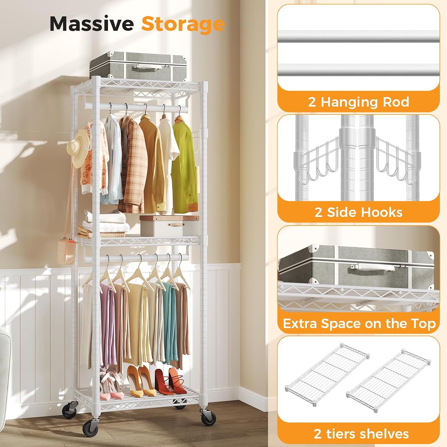White Rolling Double Rod Clothes Rack
