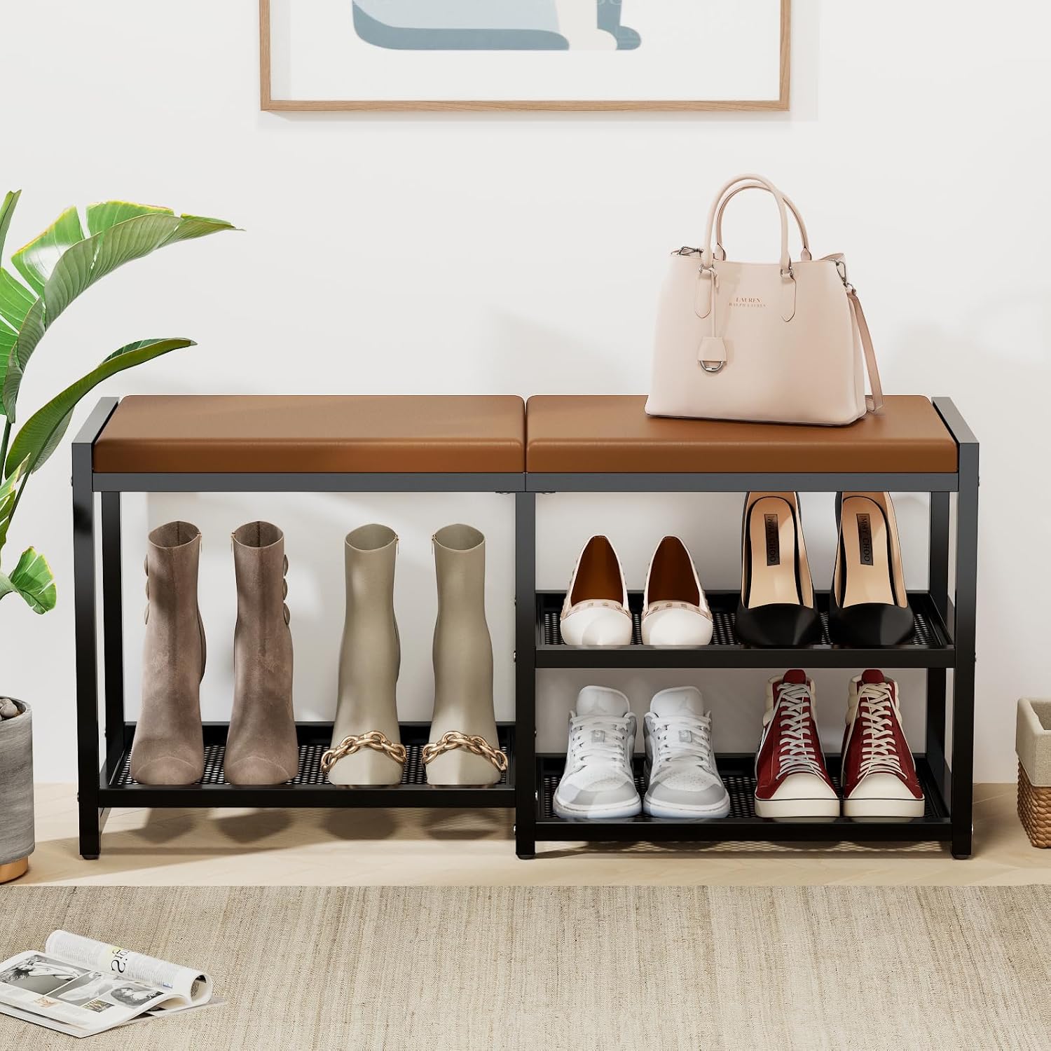 Iron 3-Tier Cushioned Shoe Bench